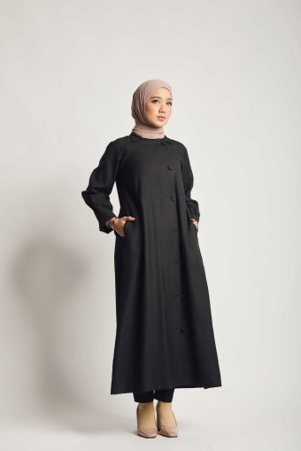 Women Cotton Linen Single Breasted Dress Black