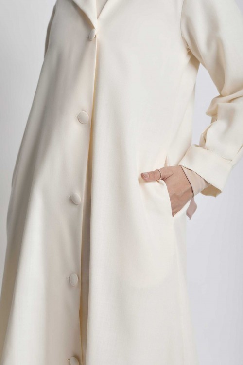 Women Cotton Linen Single Breasted Dress Ivory White