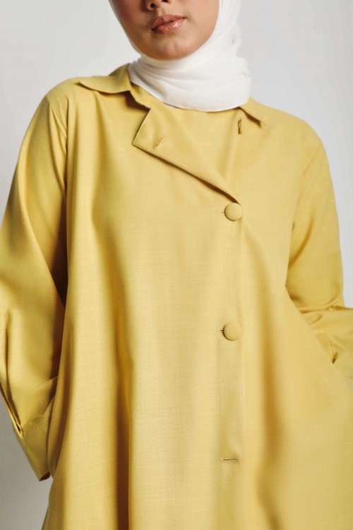 Women Cotton Linen Single Breasted Dress Lemon Yellow