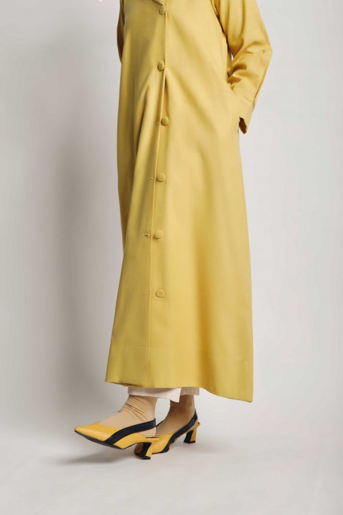Women Cotton Linen Single Breasted Dress Lemon Yellow