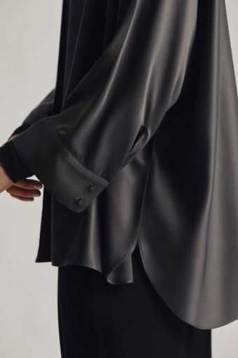 Women Matte Satin Dolman Sleeve Blouse Dark Grey
