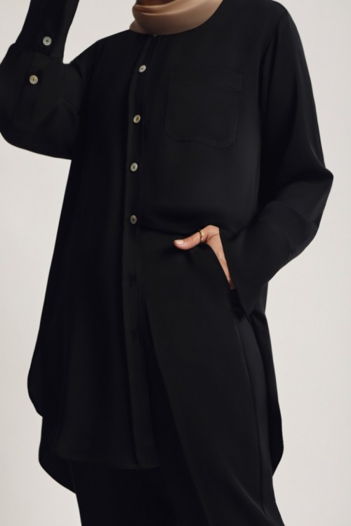Nuura Women Matte Satin Shell Button Shirt Black