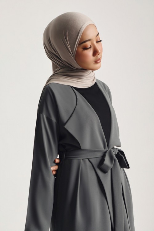 Women Canton Crepe Long Jacket Dark Grey