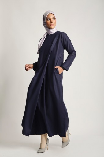 Women Cotton Overlap Dress Navy Blue